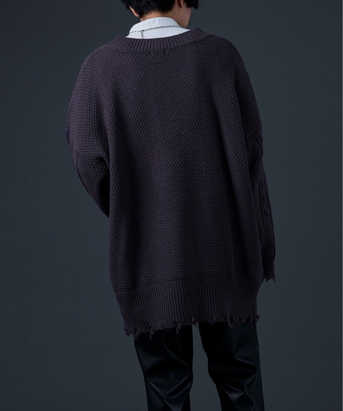 Ellno Loset（エルノロゼット）の「ダメージケーブルBIGニット（ニット/セーター・メンズ・ブラック/パープル・MEDIUM/LARGE）」の3枚目の写真