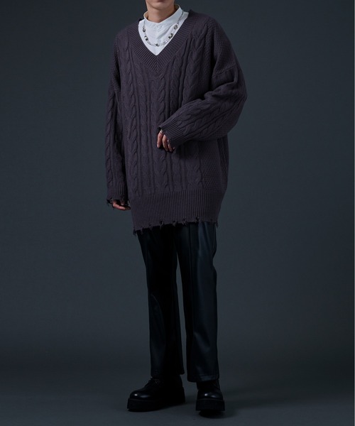 Ellno Loset（エルノロゼット）の「ダメージケーブルBIGニット（ニット/セーター・メンズ・ブラック/パープル・MEDIUM/LARGE）」の5枚目の写真