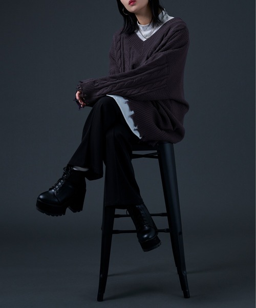 Ellno Loset（エルノロゼット）の「ダメージケーブルBIGニット（ニット/セーター・メンズ・ブラック/パープル・MEDIUM/LARGE）」の16枚目の写真