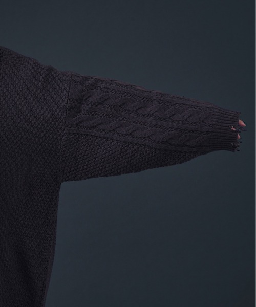Ellno Loset（エルノロゼット）の「ダメージケーブルBIGニット（ニット/セーター・メンズ・ブラック/パープル・MEDIUM/LARGE）」の8枚目の写真