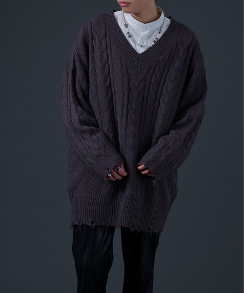 Ellno Loset（エルノロゼット）の「ダメージケーブルBIGニット（ニット/セーター・メンズ・ブラック/パープル・MEDIUM/LARGE）」の17枚目の写真