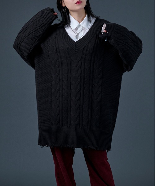 Ellno Loset（エルノロゼット）の「ダメージケーブルBIGニット（ニット/セーター・メンズ・ブラック/パープル・MEDIUM/LARGE）」の18枚目の写真