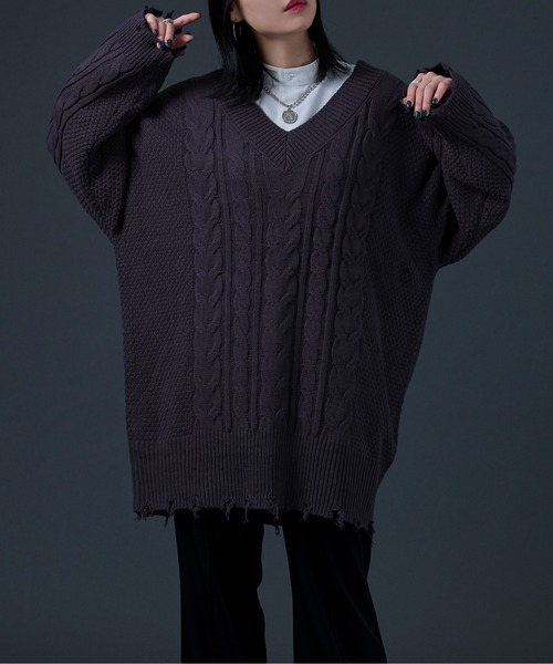 Ellno Loset（エルノロゼット）の「ダメージケーブルBIGニット（ニット/セーター・メンズ・ブラック/パープル・MEDIUM/LARGE）」の19枚目の写真