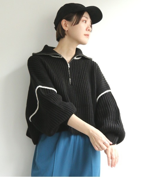 notch.(ノッチ)の「ライン入りハーフZIPショートニット(ニット/セーター・レディース・グレー/ブラック/オフホワイト・M)」の1枚目の写真