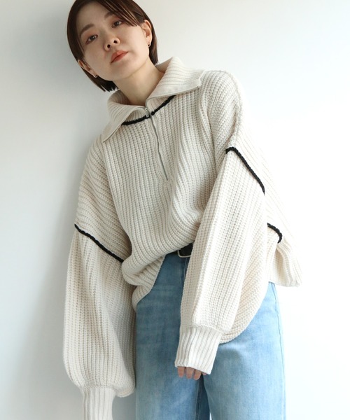 notch.(ノッチ)の「ライン入りハーフZIPショートニット(ニット/セーター・レディース・グレー/ブラック/オフホワイト・M)」の5枚目の写真