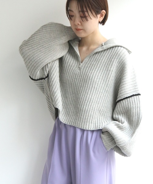 notch.(ノッチ)の「ライン入りハーフZIPショートニット(ニット/セーター・レディース・グレー/ブラック/オフホワイト・M)」の12枚目の写真