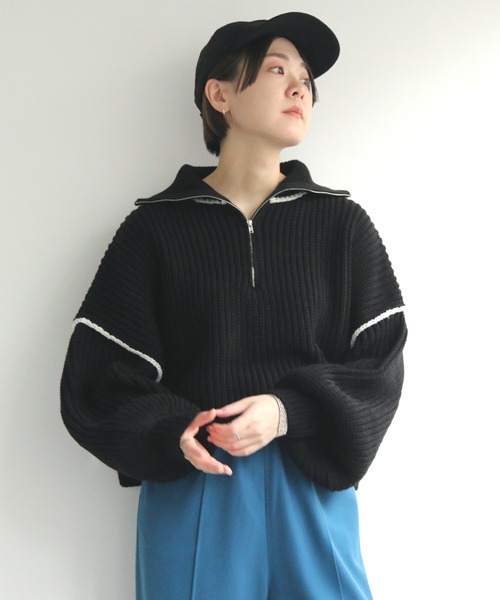 notch.(ノッチ)の「ライン入りハーフZIPショートニット(ニット/セーター・レディース・グレー/ブラック/オフホワイト・M)」の9枚目の写真
