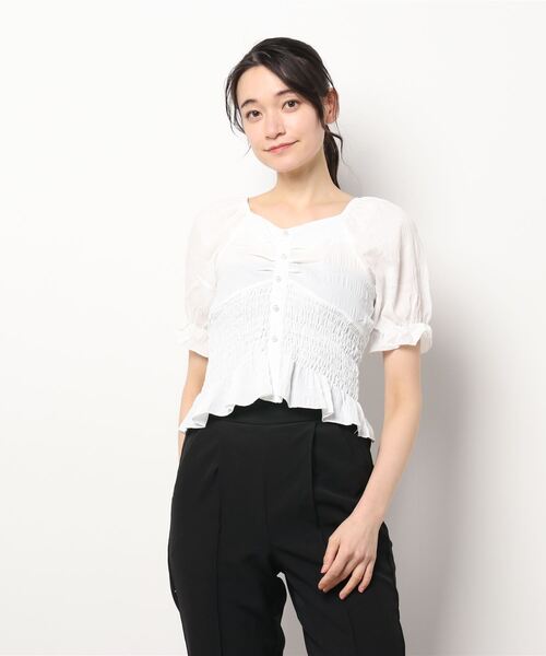 Lace Ladies(レースレディース)の「シャーリング 五分袖パフスリーブ Vネックブラウス(ニット/セーター・レディース・ホワイト/ブルー・S/M/L/XL)」の10枚目の写真