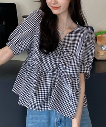 urge：（アージコロン ）の「【URGE：】ギンガムチェック ショート パフスリーブ ブラウス（シャツ/ブラウス）」