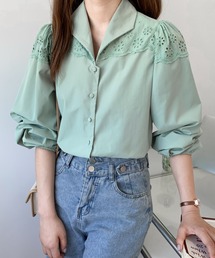 Diosfront | カットワーク刺繍レースドッキング開襟シャツブラウス(シャツ/ブラウス)