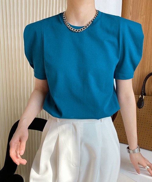 SETUP7(セットアップセブン)の「【SETUP7】タックスリーブ半袖カットソー SCCH141 ※(Tシャツ/カットソー・レディース・ブラック/ブルー/ホワイト・4/3)」の1枚目の写真