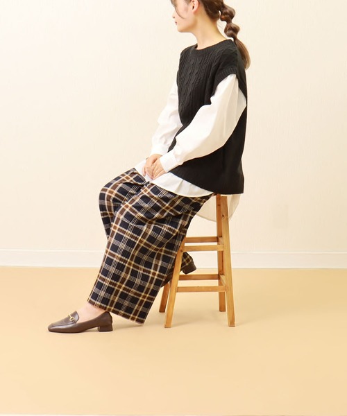 libelle more(リベル モア)の「チェック柄 裏起毛プリーツパンツ(スラックス・レディース・ネイビー・M)」の2枚目の写真