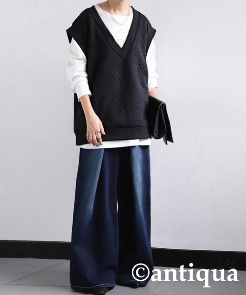 antiqua（アンティカ）の「目を惹く！深めＶネックキルティングベスト（ベスト・レディース・ブラック/カーキ・FREE）」の15枚目の写真