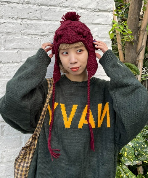 CIAOPANIC（チャオパニック）の「ボンボン付きハンド編みニットバラクラバ/ニットキャップ（ニットキャップ/ビーニー・レディース・オフホワイト/ボルドー/ブラウン・FREE）」の21枚目の写真