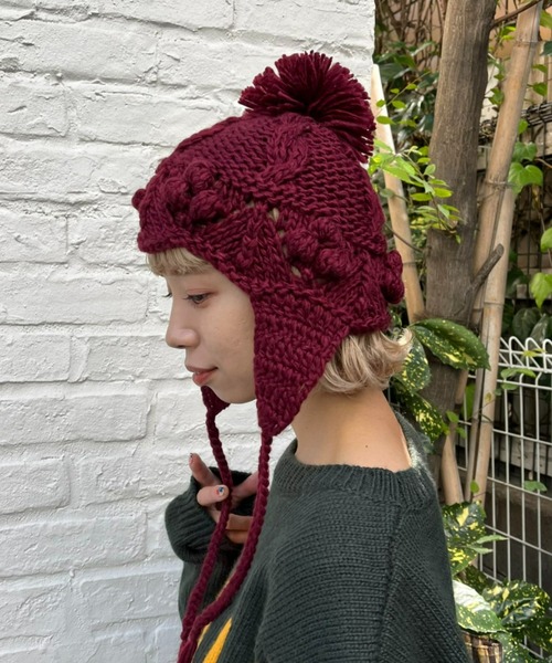 CIAOPANIC（チャオパニック）の「ボンボン付きハンド編みニットバラクラバ/ニットキャップ（ニットキャップ/ビーニー・レディース・オフホワイト/ボルドー/ブラウン・FREE）」の14枚目の写真