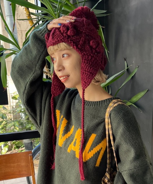 CIAOPANIC（チャオパニック）の「ボンボン付きハンド編みニットバラクラバ/ニットキャップ（ニットキャップ/ビーニー・レディース・オフホワイト/ボルドー/ブラウン・FREE）」の17枚目の写真