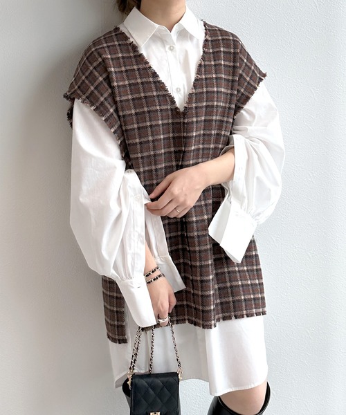 w closet（ダブルクローゼット）の「【マルチウェイ】チェックベスト&シャツワンピースSET（シャツワンピース・レディース・ブルー/ブラウン・FREE）」の2枚目の写真