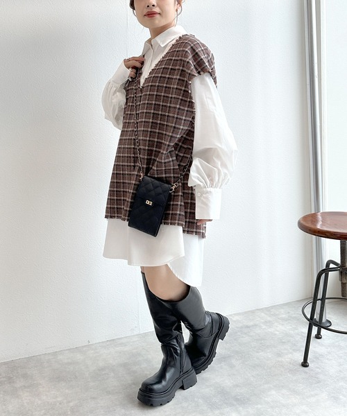 w closet（ダブルクローゼット）の「【マルチウェイ】チェックベスト&シャツワンピースSET（シャツワンピース・レディース・ブルー/ブラウン・FREE）」の7枚目の写真