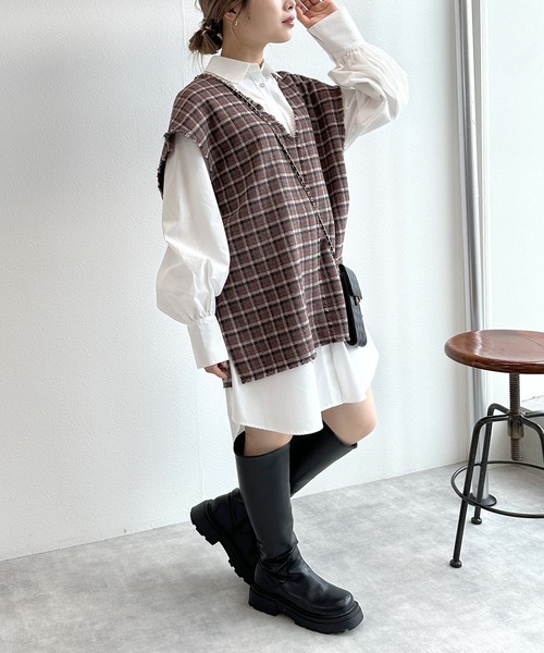 w closet（ダブルクローゼット）の「【マルチウェイ】チェックベスト&シャツワンピースSET（シャツワンピース・レディース・ブルー/ブラウン・FREE）」の11枚目の写真