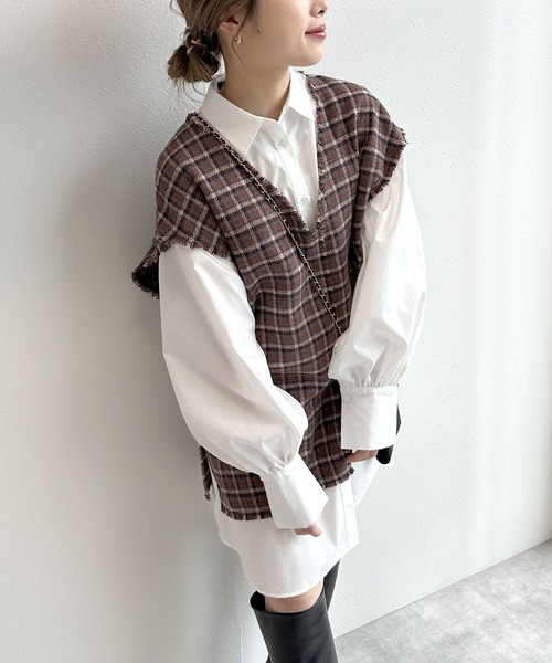 w closet（ダブルクローゼット）の「【マルチウェイ】チェックベスト&シャツワンピースSET（シャツワンピース・レディース・ブルー/ブラウン・FREE）」の12枚目の写真