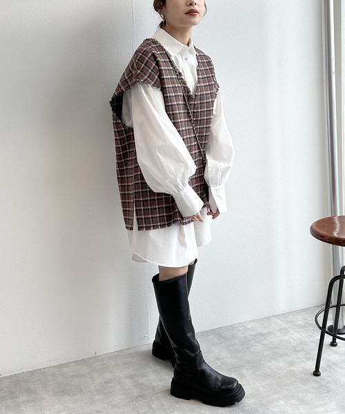 w closet（ダブルクローゼット）の「【マルチウェイ】チェックベスト&シャツワンピースSET（シャツワンピース・レディース・ブルー/ブラウン・FREE）」の14枚目の写真