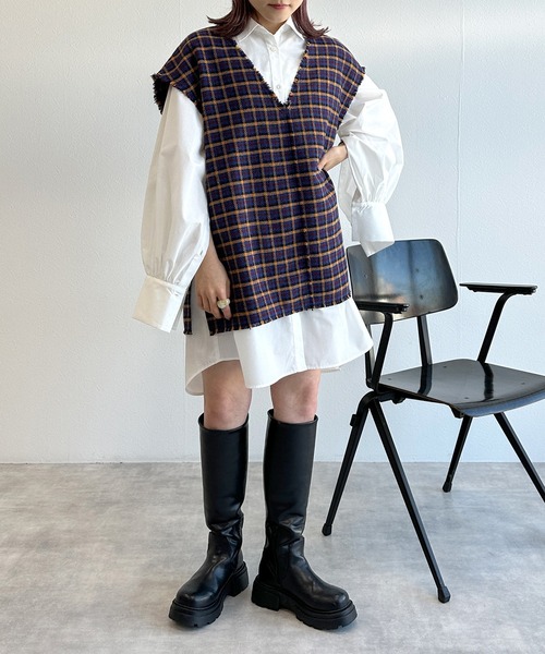 w closet（ダブルクローゼット）の「【マルチウェイ】チェックベスト&シャツワンピースSET（シャツワンピース・レディース・ブルー/ブラウン・FREE）」の5枚目の写真
