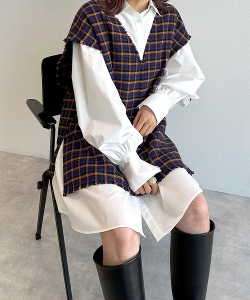 w closet（ダブルクローゼット）の「【マルチウェイ】チェックベスト&シャツワンピースSET（シャツワンピース・レディース・ブルー/ブラウン・FREE）」の3枚目の写真