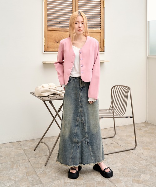 UNE MANSION（ユヌマンション）の「パステルカラークロップドノーカラージャケット（ノーカラージャケット・レディース・ブラック/ホワイト/ピンク/ライトグリーン・FREE）」の19枚目の写真