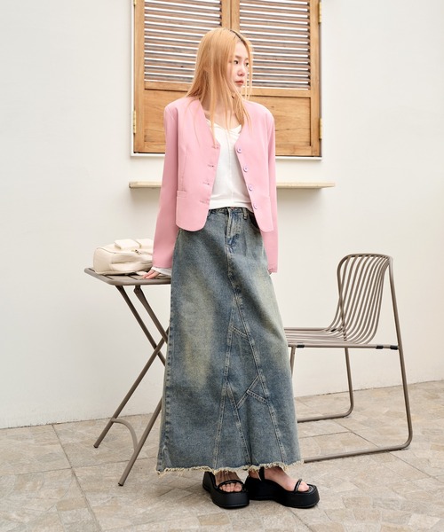 UNE MANSION（ユヌマンション）の「パステルカラークロップドノーカラージャケット（ノーカラージャケット・レディース・ブラック/ホワイト/ピンク/ライトグリーン・FREE）」の9枚目の写真