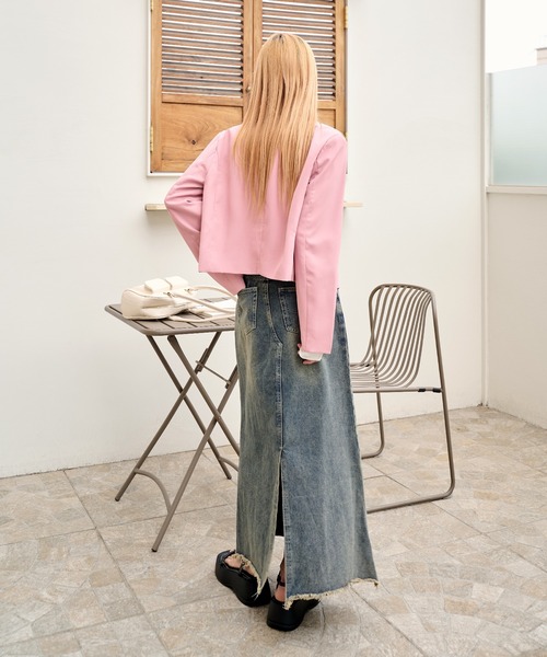 UNE MANSION（ユヌマンション）の「パステルカラークロップドノーカラージャケット（ノーカラージャケット・レディース・ブラック/ホワイト/ピンク/ライトグリーン・FREE）」の5枚目の写真