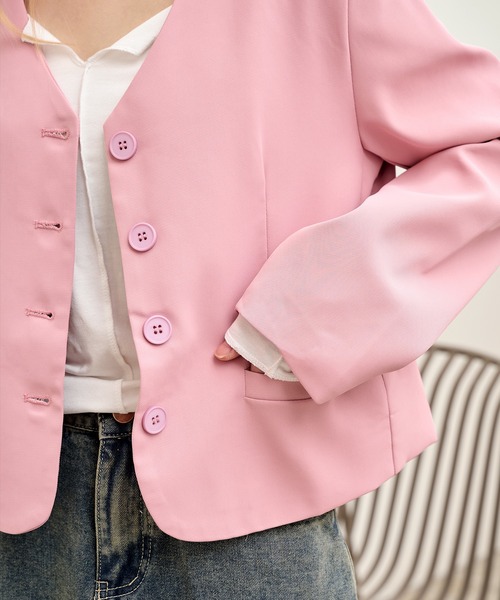 UNE MANSION（ユヌマンション）の「パステルカラークロップドノーカラージャケット（ノーカラージャケット・レディース・ブラック/ホワイト/ピンク/ライトグリーン・FREE）」の16枚目の写真