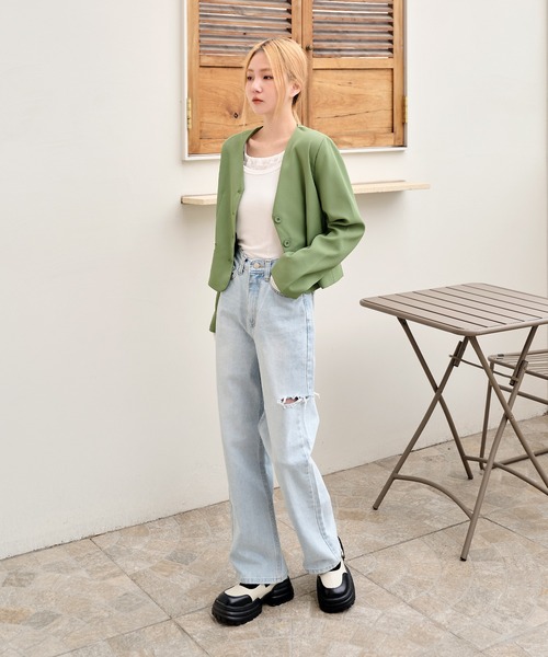 UNE MANSION（ユヌマンション）の「パステルカラークロップドノーカラージャケット（ノーカラージャケット・レディース・ブラック/ホワイト/ピンク/ライトグリーン・FREE）」の17枚目の写真