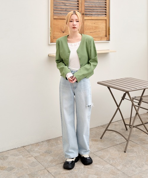 UNE MANSION（ユヌマンション）の「パステルカラークロップドノーカラージャケット（ノーカラージャケット・レディース・ブラック/ホワイト/ピンク/ライトグリーン・FREE）」の14枚目の写真