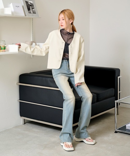 UNE MANSION（ユヌマンション）の「パステルカラークロップドノーカラージャケット（ノーカラージャケット・レディース・ブラック/ホワイト/ピンク/ライトグリーン・FREE）」の18枚目の写真