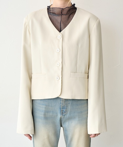 UNE MANSION（ユヌマンション）の「パステルカラークロップドノーカラージャケット（ノーカラージャケット・レディース・ブラック/ホワイト/ピンク/ライトグリーン・FREE）」の12枚目の写真