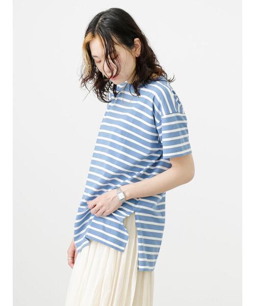 Samansa Mos2 blue(サマンサモスモスブルー)の「ボーダーチュニックTシャツ(Tシャツ/カットソー・レディース・ベージュ/サックスブルー/オフホワイト・フリ-)」の4枚目の写真