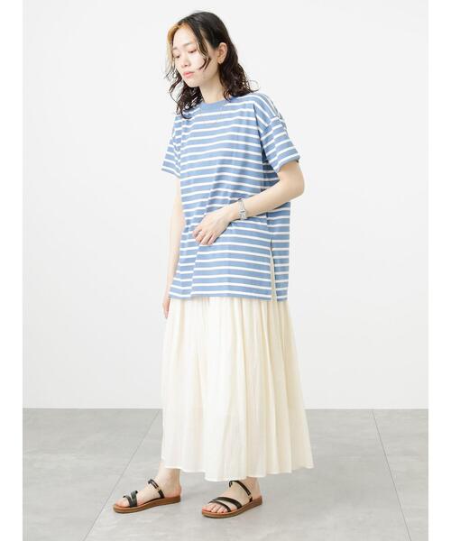 Samansa Mos2 blue(サマンサモスモスブルー)の「ボーダーチュニックTシャツ(Tシャツ/カットソー・レディース・ベージュ/サックスブルー/オフホワイト・フリ-)」の16枚目の写真