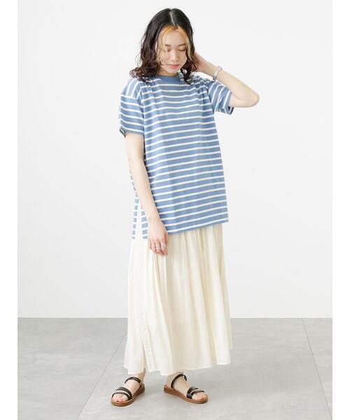 Samansa Mos2 blue(サマンサモスモスブルー)の「ボーダーチュニックTシャツ(Tシャツ/カットソー・レディース・ベージュ/サックスブルー/オフホワイト・フリ-)」の17枚目の写真