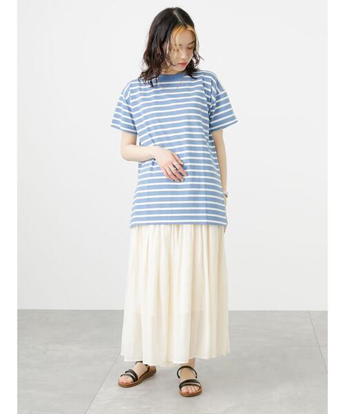 Samansa Mos2 blue(サマンサモスモスブルー)の「ボーダーチュニックTシャツ(Tシャツ/カットソー・レディース・ベージュ/サックスブルー/オフホワイト・フリ-)」の18枚目の写真