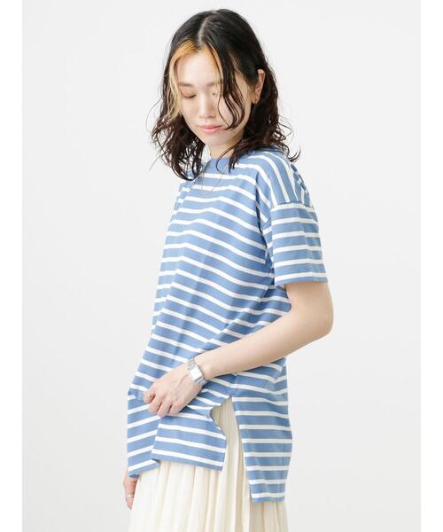 Samansa Mos2 blue(サマンサモスモスブルー)の「ボーダーチュニックTシャツ(Tシャツ/カットソー・レディース・ベージュ/サックスブルー/オフホワイト・フリ-)」の20枚目の写真