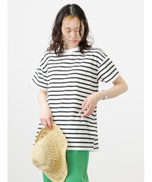 Samansa Mos2 blue | ボーダーチュニックTシャツ(Tシャツ/カットソー)