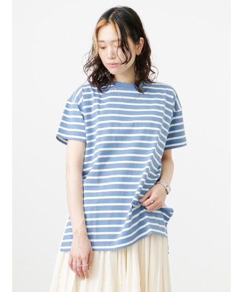 Samansa Mos2 blue(サマンサモスモスブルー)の「ボーダーチュニックTシャツ(Tシャツ/カットソー・レディース・ベージュ/サックスブルー/オフホワイト・フリ-)」の6枚目の写真