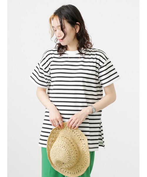 Samansa Mos2 blue(サマンサモスモスブルー)の「ボーダーチュニックTシャツ(Tシャツ/カットソー・レディース・ベージュ/サックスブルー/オフホワイト・フリ-)」の11枚目の写真