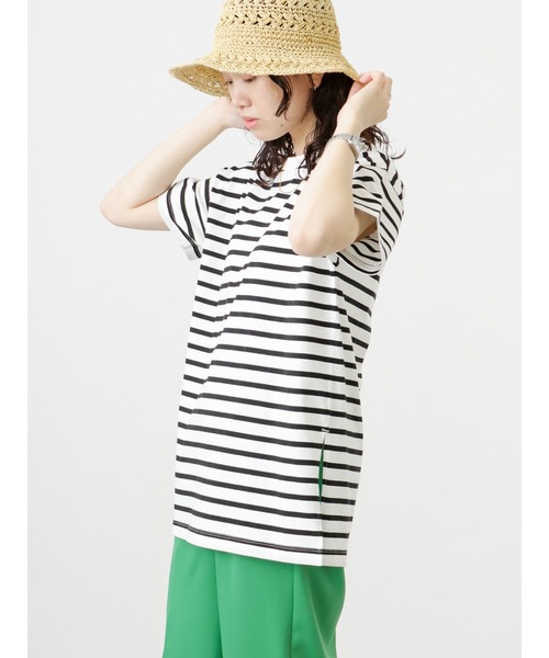 Samansa Mos2 blue(サマンサモスモスブルー)の「ボーダーチュニックTシャツ(Tシャツ/カットソー・レディース・ベージュ/サックスブルー/オフホワイト・フリ-)」の13枚目の写真