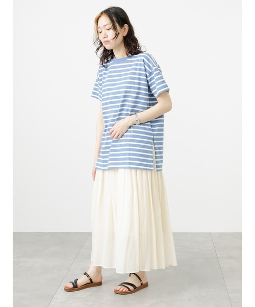 Samansa Mos2 blue(サマンサモスモスブルー)の「ボーダーチュニックTシャツ(Tシャツ/カットソー・レディース・ベージュ/サックスブルー/オフホワイト・フリ-)」の14枚目の写真