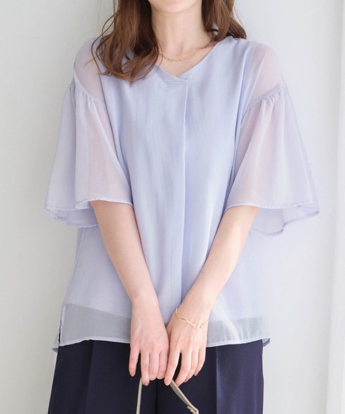 alotta(アロッタ)の「インナー付フレアー袖タックブラウス(シャツ/ブラウス・レディース・ネイビー/ブラック/ライトグレー/グレイッシュベージュ/オフホワイト/ピンク/ラベンダー/ライトブルー/サックスブルー/ベビーピンク/ブラック×ホワイト・LARGE/XXXX-LARGE/XXX-LARGE/MEDIUM/X-LARGE/XX-LARGE)」の8枚目の写真