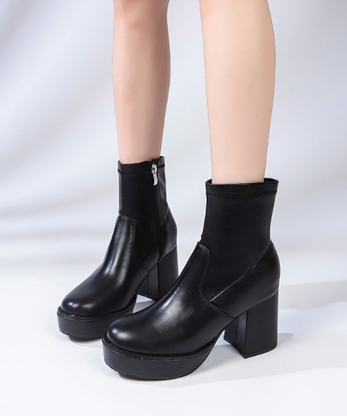 Shoes in Closet（シューズインクローゼット）の「厚底チャンキー ハイソール ストレッチ ショートブーツ 6845（ブーツ・レディース・ブラック/ホワイト・S/M/L/LL）」の8枚目の写真