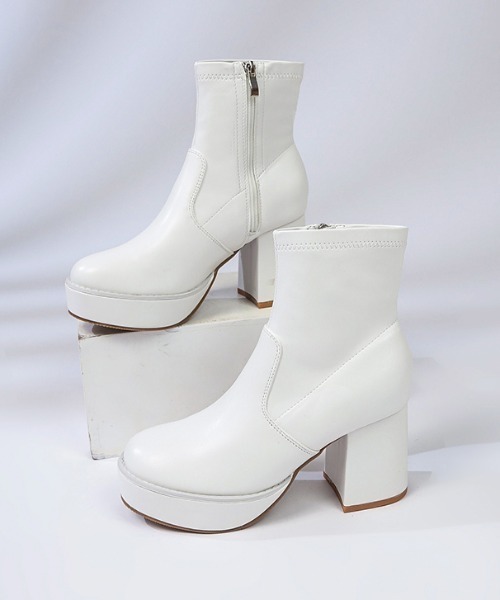 Shoes in Closet（シューズインクローゼット）の「厚底チャンキー ハイソール ストレッチ ショートブーツ 6845（ブーツ・レディース・ブラック/ホワイト・S/M/L/LL）」の20枚目の写真