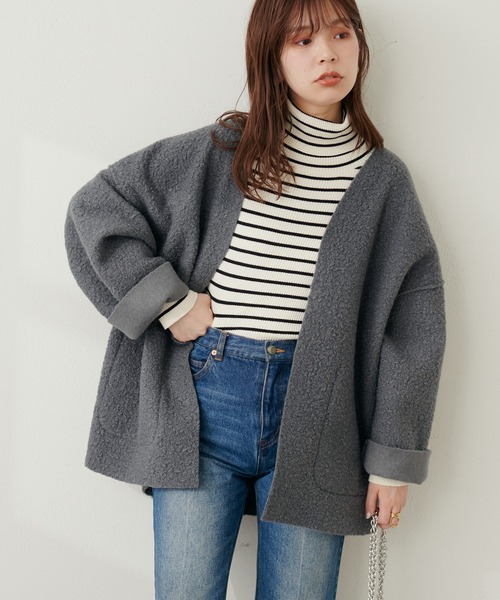 natural couture（ナチュラルクチュール）の「フェイクリングウールリバーシブルトッパー（ノーカラーコート・レディース・モカ/ライトベージュ/グレー/ブラック・FREE）」の2枚目の写真