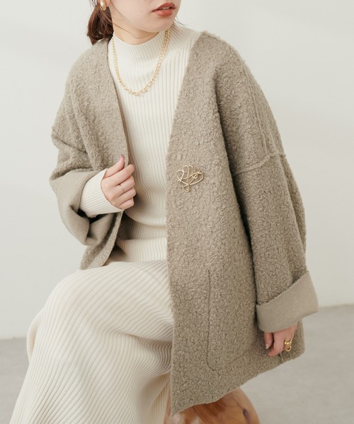 natural couture（ナチュラルクチュール）の「フェイクリングウールリバーシブルトッパー（ノーカラーコート・レディース・モカ/ライトベージュ/グレー/ブラック・FREE）」の3枚目の写真